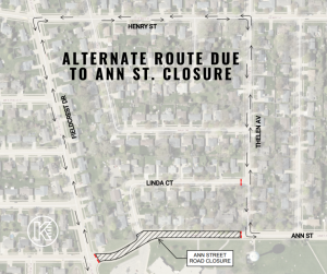 Map showing an alternate route utilizing Thelen Avenue, Henry Street, and Fieldcrest Drive.
