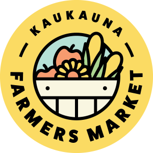 Illustrated logo for the Kaukauna Farmers Market. Yellow circle with blue center, white basket full of fruit, flowers, and corn are in the center.