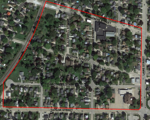 Image is of a map with red line demonstrating utility relay project for Brothers Street and sections of Kaukauna Street, Desnoyer Street, Division Street, Blackwell Street, and Oviatt Street.