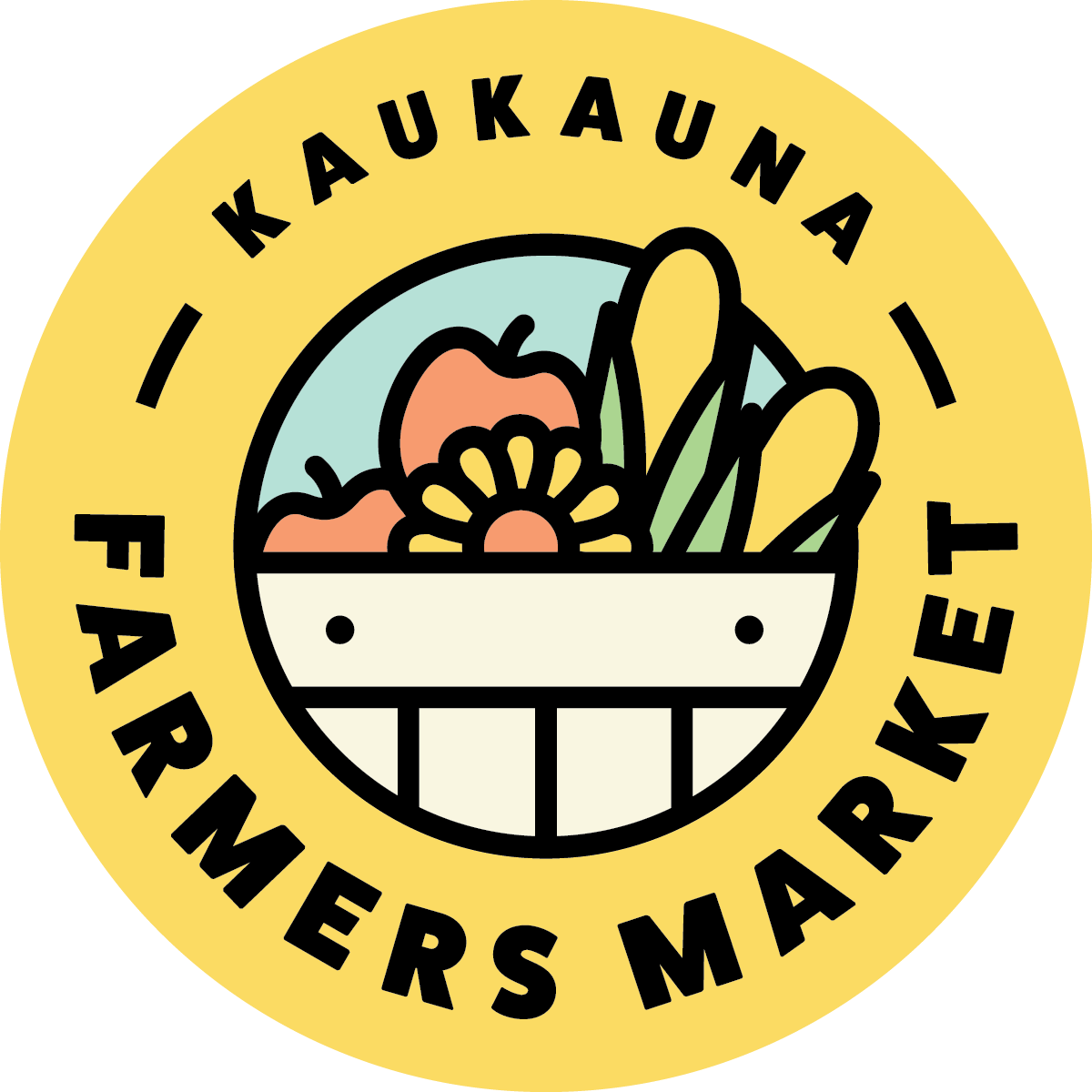 Illustrated logo for the Kaukauna Farmers Market. Yellow circle with blue center, white basket full of fruit, flowers, and corn are in the center.