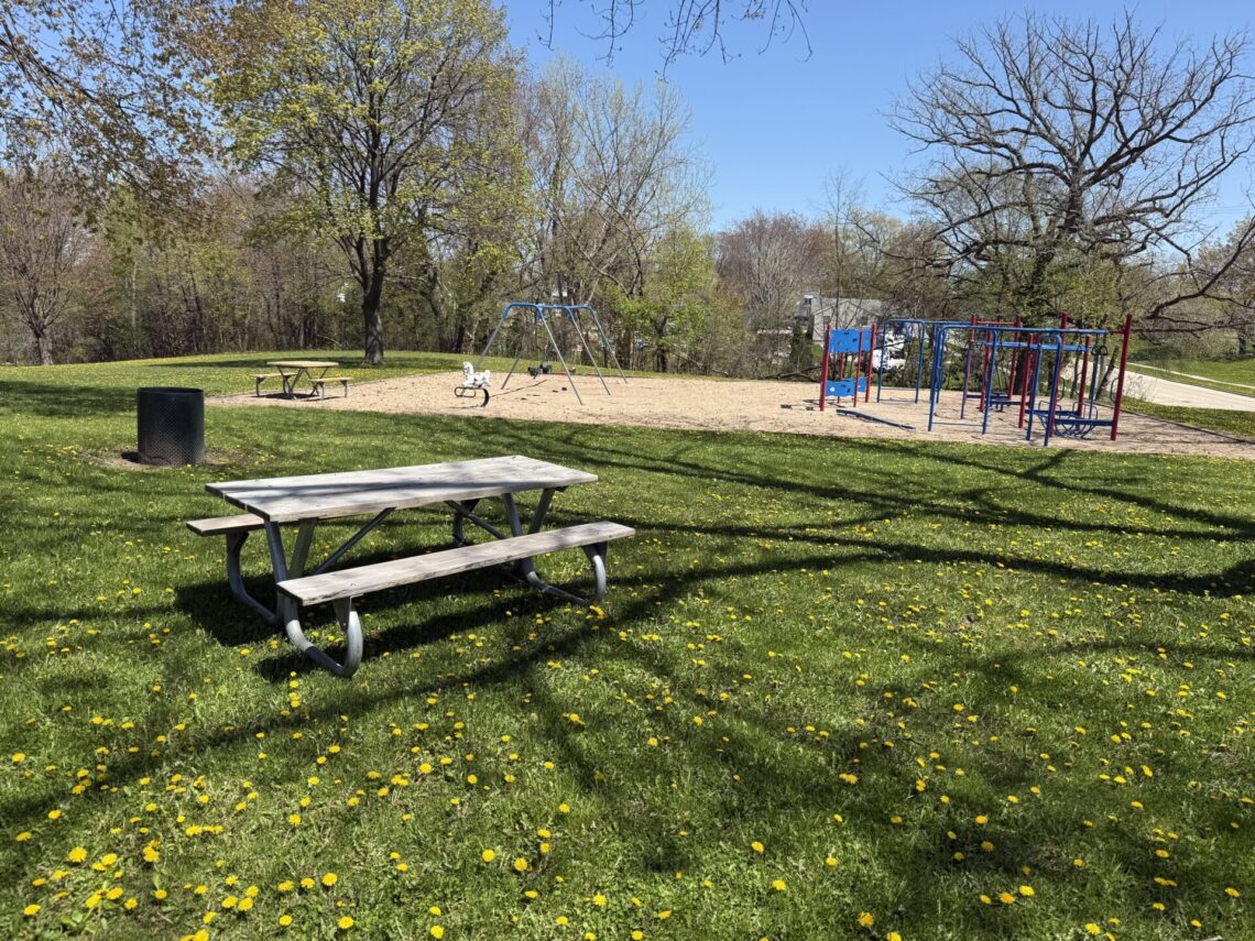 Picture of a picnic table with blue and red equipment in the background.