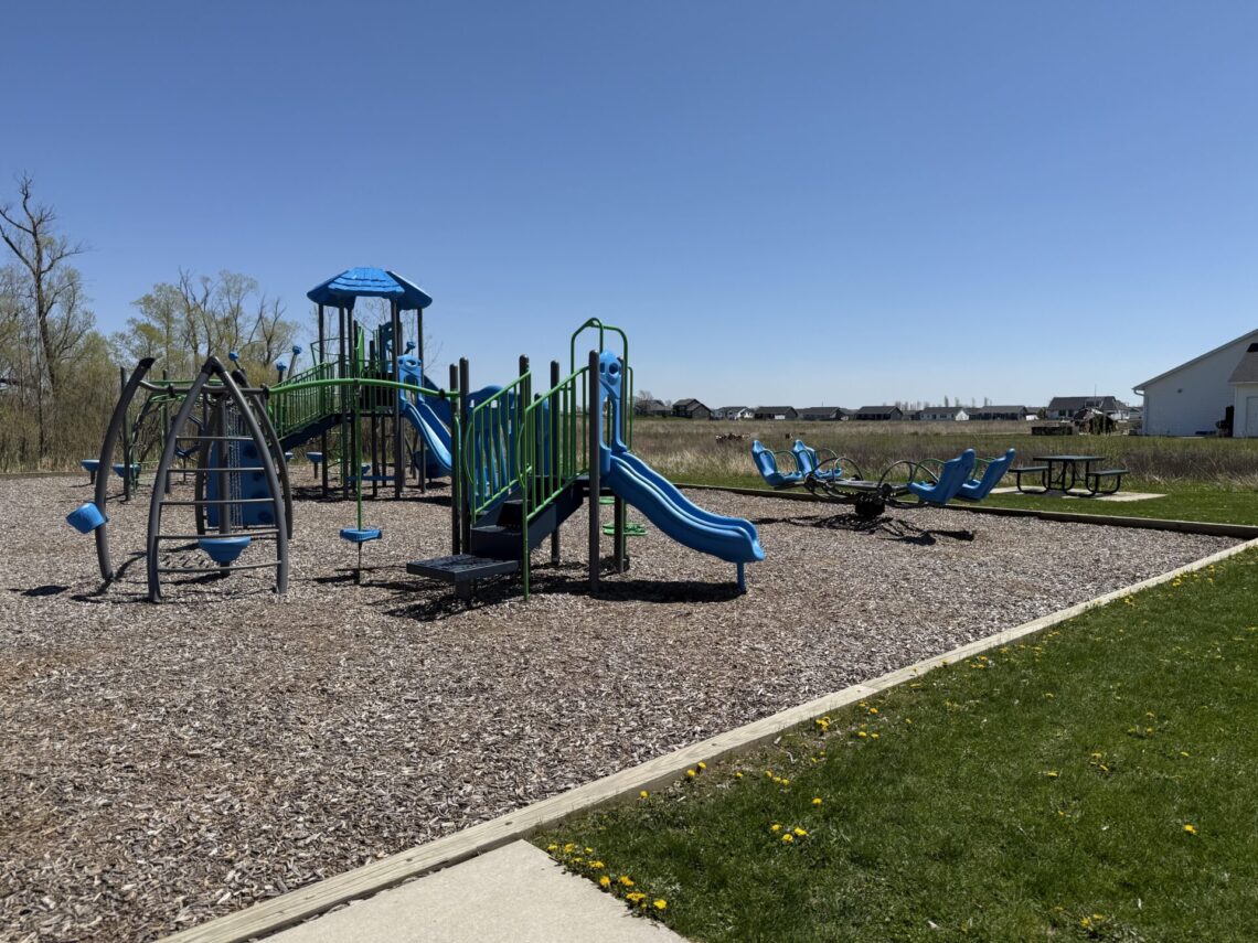 Picture of blue, purple and green playground equipment