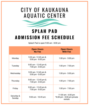 Signage outlining the splash pad admission fee schedule