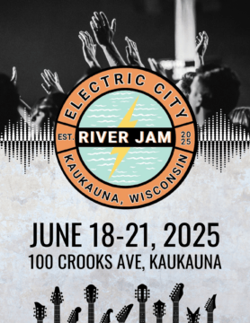Promotional poster for Electric City River Jam, held June 18-21, 2025 at 100 Crooks Ave, Kaukauna.