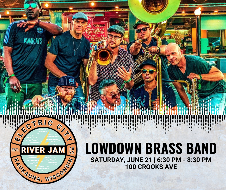 Promo graphic for Electric City River Jam featuring the band Lowdown Brass Band