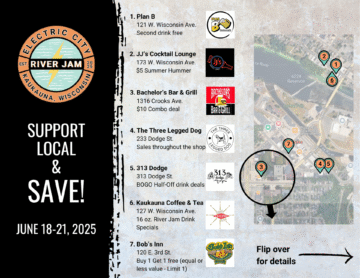 Graphic promoting the Electric City River Jam Support Local & Save program. Featuring a map and deals for five area businesses.
