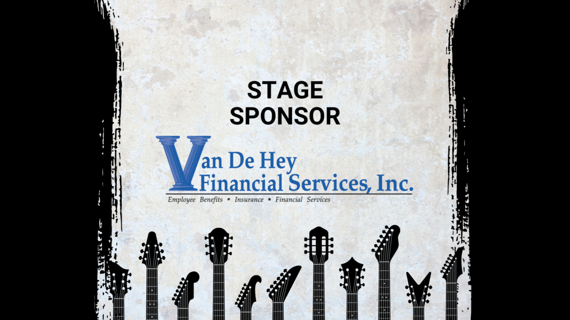 Promotional graphic for Electric City River Jam in Kaukauna, Wisconsin, at 100 Crooks Ave. Features logos of the event and Van De Hey Financial Services, Inc. as the stage sponsor