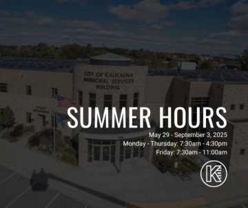 Graphic with a picture of the City of Kaukauna Municipal Services Building in the background. White text reads 
