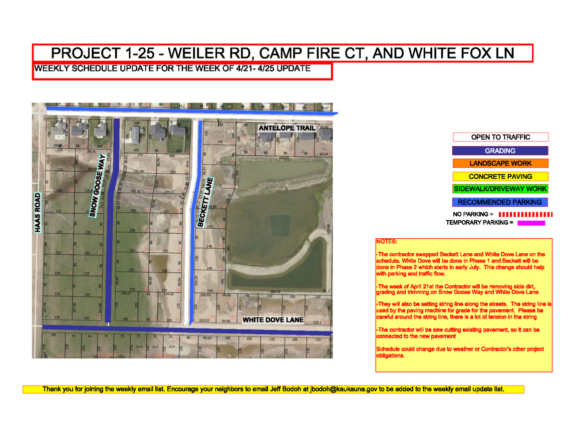 Map showing work to be done on Weiler Road, Camp Fire Court, and White Fox Lane
