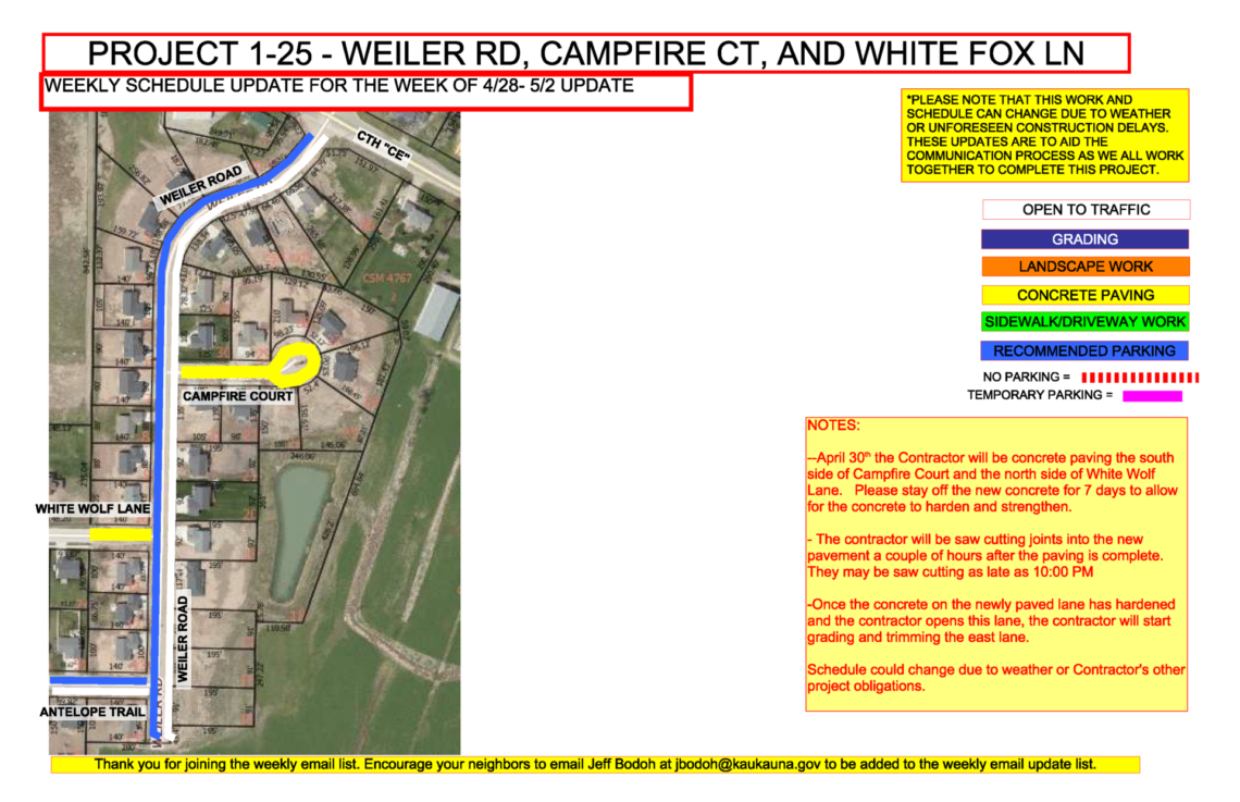 Map showing work to be done on Weiler Road, Campfire Court and White Fox Lane