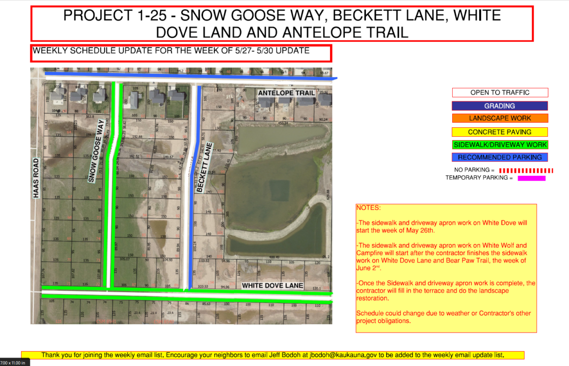 Map showing work to be done on Snow Goose Way, Beckett Lane, White Dove Land, and Antelope Trail