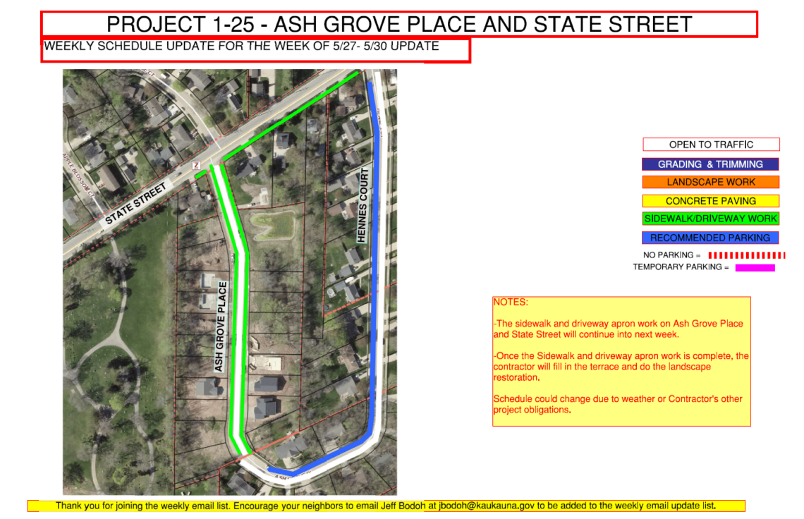 Map showing work to be done on Ash Grove Place and State Street