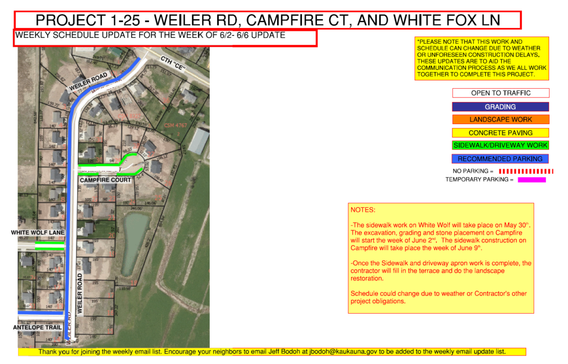 Map showing work being done on Weiler Road, Campfire Court, and White Fox Lane