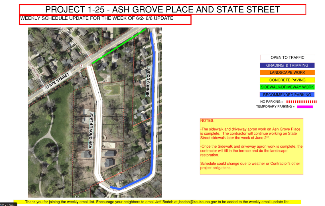 Map showing work being done on Ash Grove Place and State Street.