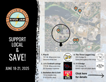 Graphic promoting the Electric City River Jam Support Local & Save program. Featuring a map and deals for five area businesses.