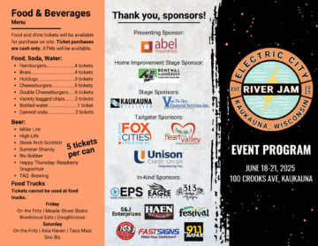 Event program for Electric City River Jam in Kaukauna, Wisconsin, featuring sponsor logos and an event date of June 18-21, 2025, with additional details about food and beverage menu, ticket costs, and a black background with stylized electric visuals.