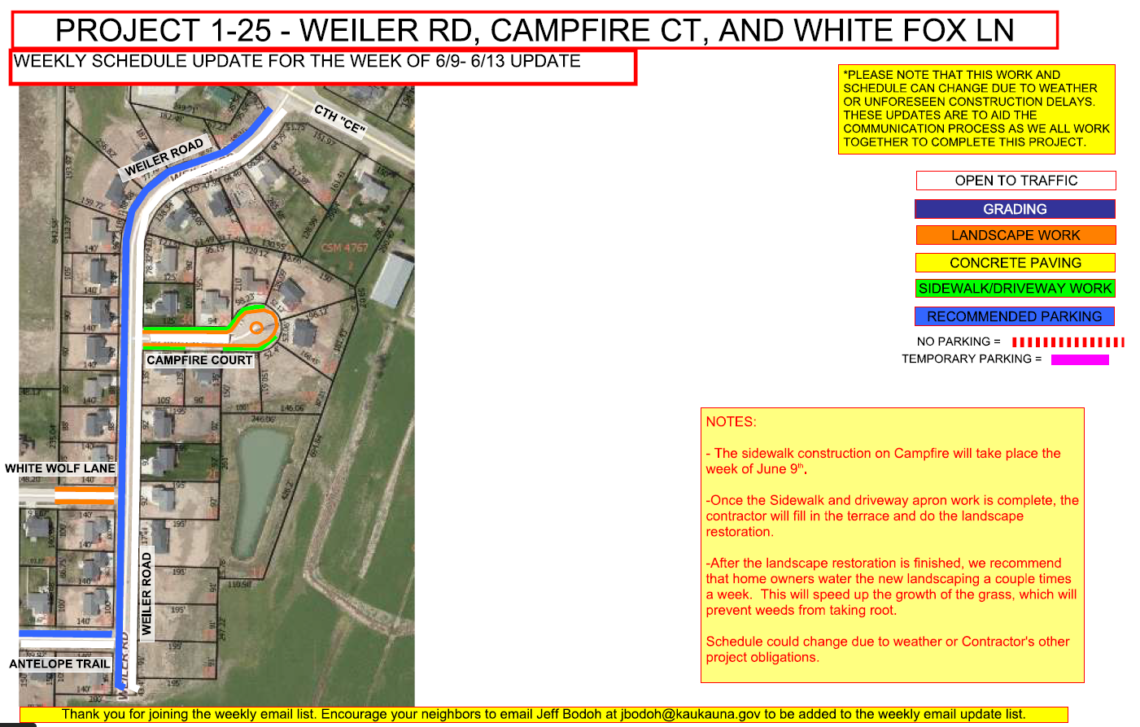 Map showing the work being done on weiler road, campfire court, and white fox lane