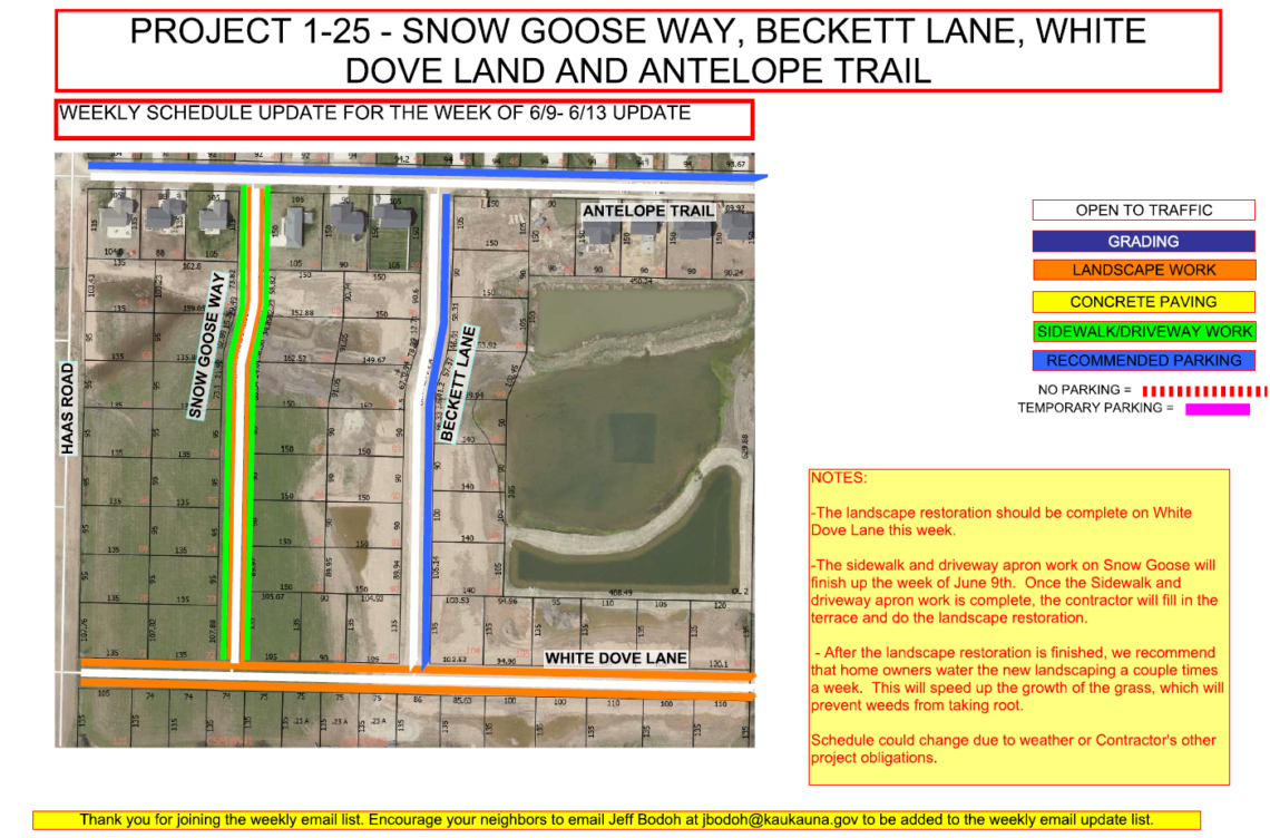 Map of the work being done on Snow Goose Way, Beckett Lane, White Dove Land and Antelope Trail