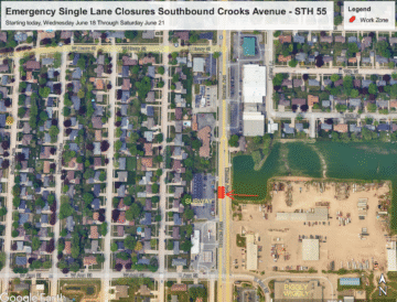 Map showing emergency lane closure on southbound State Highway 55/Crooks Ave starting June 18-21