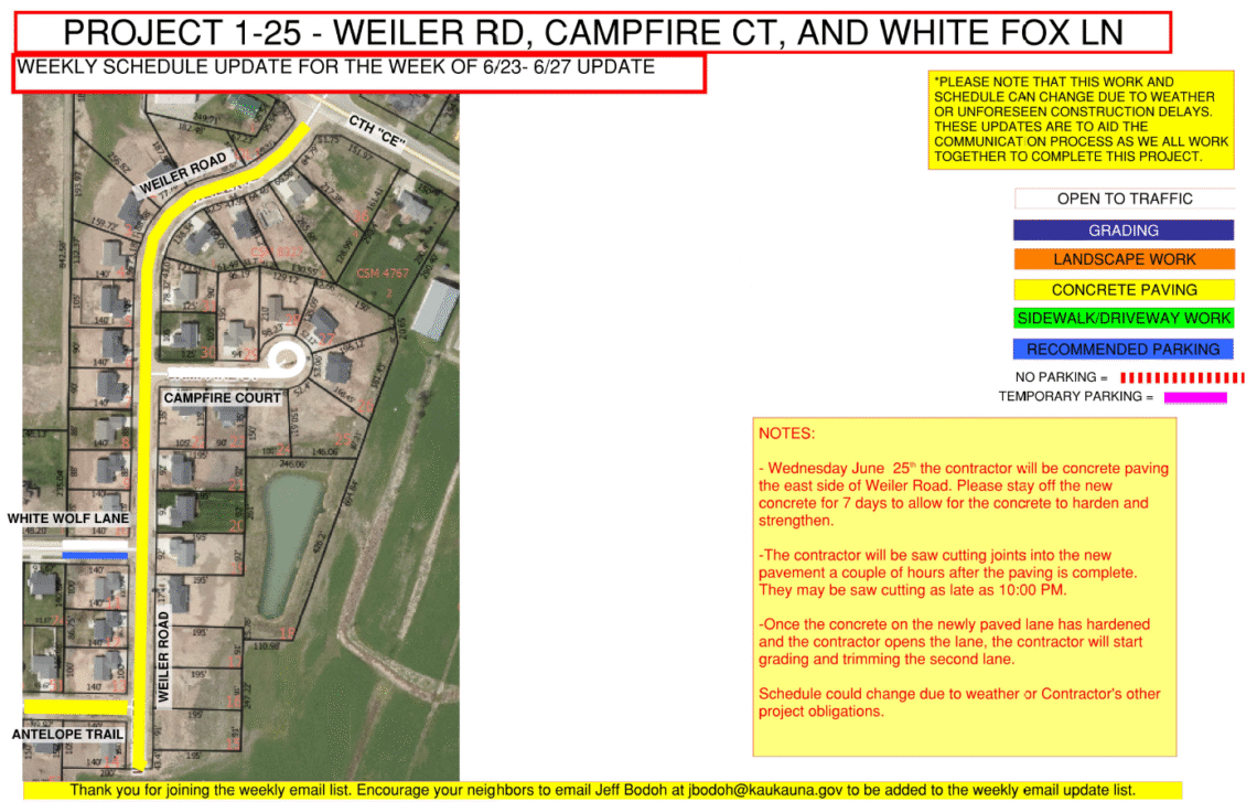 Map showing the work being done on weiler road, campfire court, and white fox lane