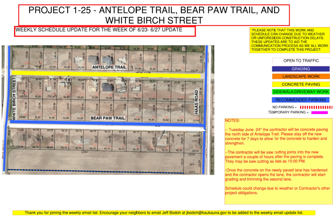 Map of the work being done on Antelope Trail, Bear Paw Trail, and White Birch Street