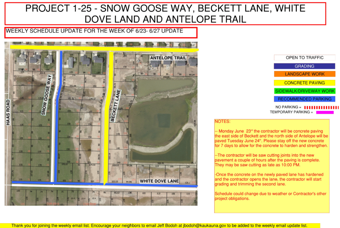 Map of the work being done on Snow Goose Way, Beckett Lane, White Dove Land and Antelope Trail