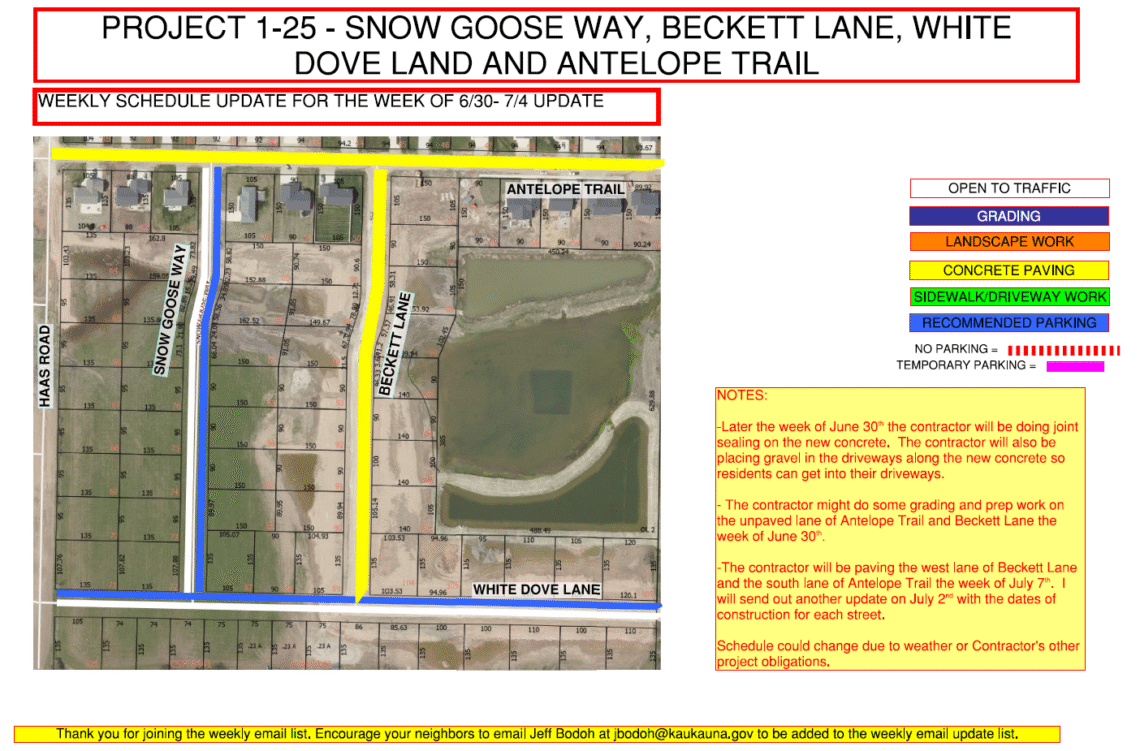 Map of the work being done on Snow Goose Way, Beckett Lane, White Dove Land and Antelope Trail