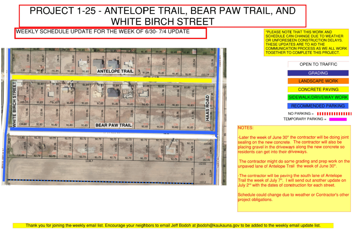 Map of the work being done on Antelope Trail, Bear Paw Trail, and White Birch Street