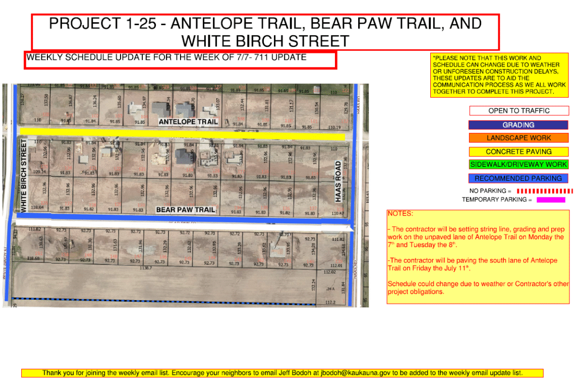 Map of the work being done on Antelope Trail, Bear Paw Trail, and White Birch Street