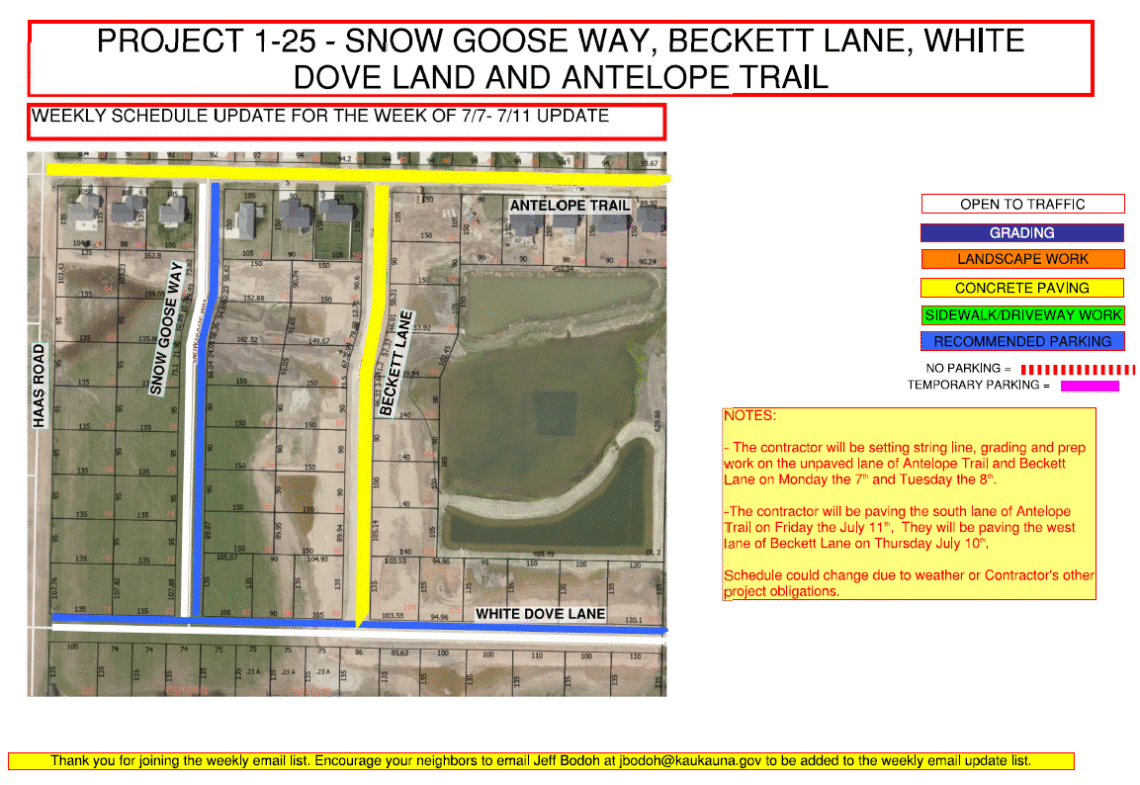 Map of the work being done on Snow Goose Way, Beckett Lane, White Dove Land and Antelope Trail
