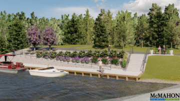 Architectural rendering by McMahon Associates showing a serene riverside park with walking paths, benches, landscaped gardens, and a dock with a boat approaching.