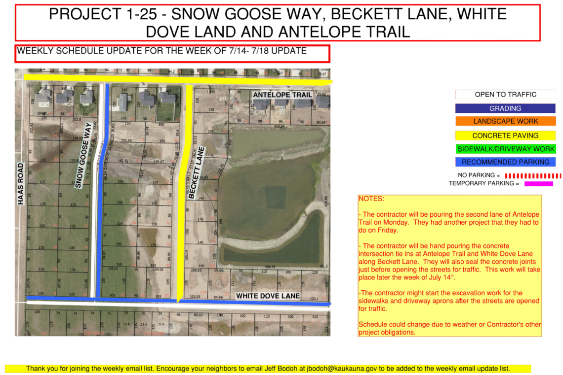 Map of the work being done on Snow Goose Way, Beckett Lane, White Dove Land and Antelope Trail
