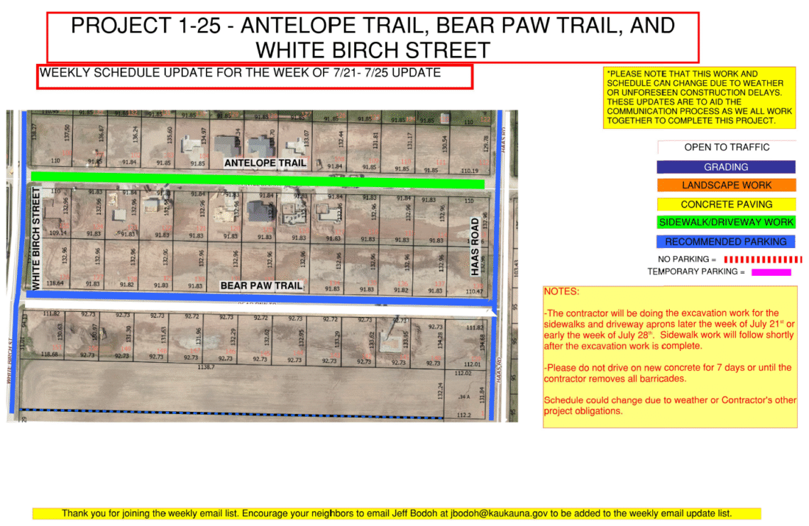 Map of the work being done on Antelope Trail, Bear Paw Trail, and White Birch Street