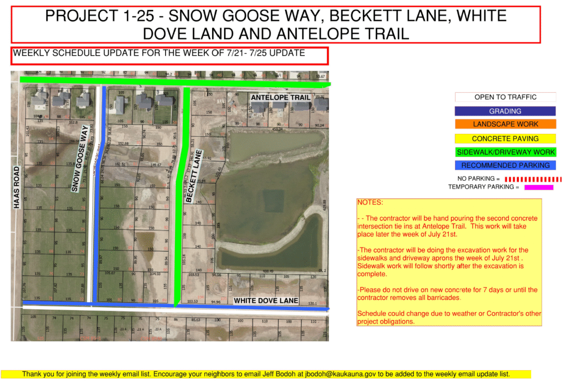 Map of the work being done on Snow Goose Way, Beckett Lane, White Dove Land and Antelope Trail