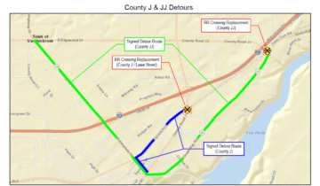 Map showing detour and railroad crossing replacements on County J and JJ with specific routes marked in blue and green. Notable locations include Town of Vandenbroek and Fox River.
