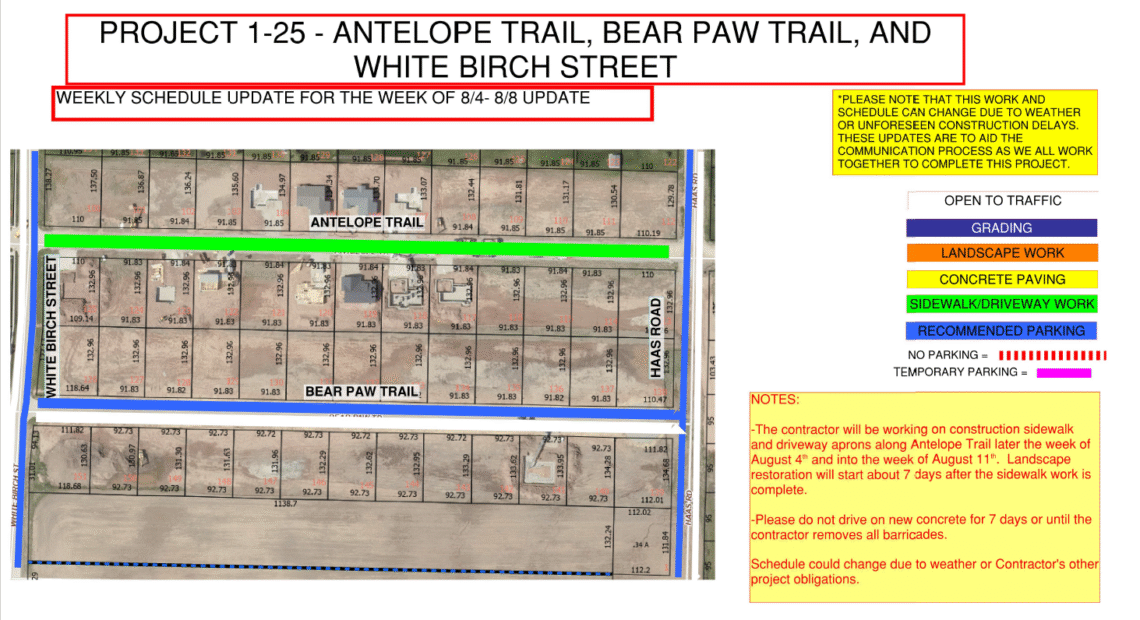 Map of the work being done on Antelope Trail, Bear Paw Trail, and White Birch Street