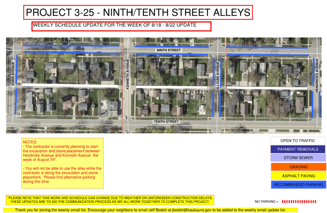 image of a map showing the work to be done for Project 3-25 on 9th/10th street alley from Eden Avenue to Hendricks Avenue