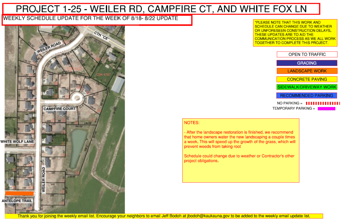 Map showing the work being done on weiler road, campfire court, and white fox lane