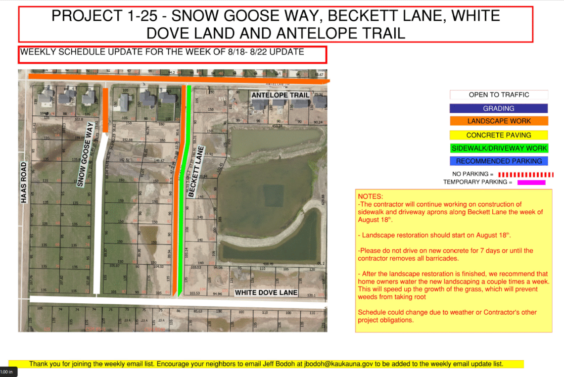Map of the work being done on Snow Goose Way, Beckett Lane, White Dove Land and Antelope Trail