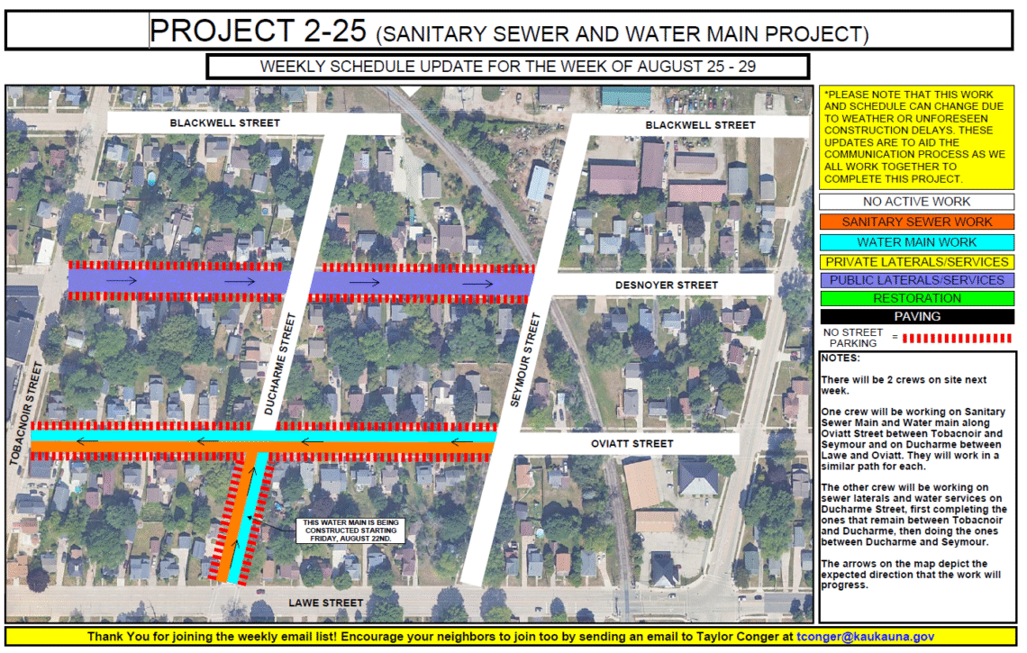Project 2-25 Map showing work to be done on Desnoyer Street and Oviatt Street from Tobacnoir Street to Seymour Street. Some work will also be done on Ducharme Street from Lawe Street to Oviatt Street.