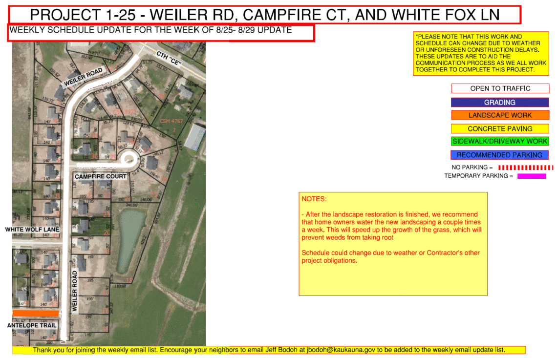 Project 1-25 Map showing the work being done on weiler road, campfire court, and white fox lane
