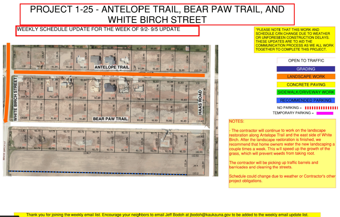 Project 1-25 Map of the work being done on Antelope Trail, Bear Paw Trail, and White Birch Street