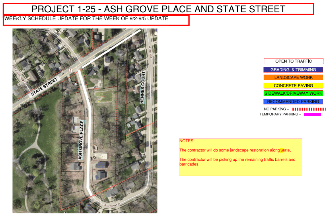 Project 1-25 Map of the work being done on Ash Grove Place and State Street