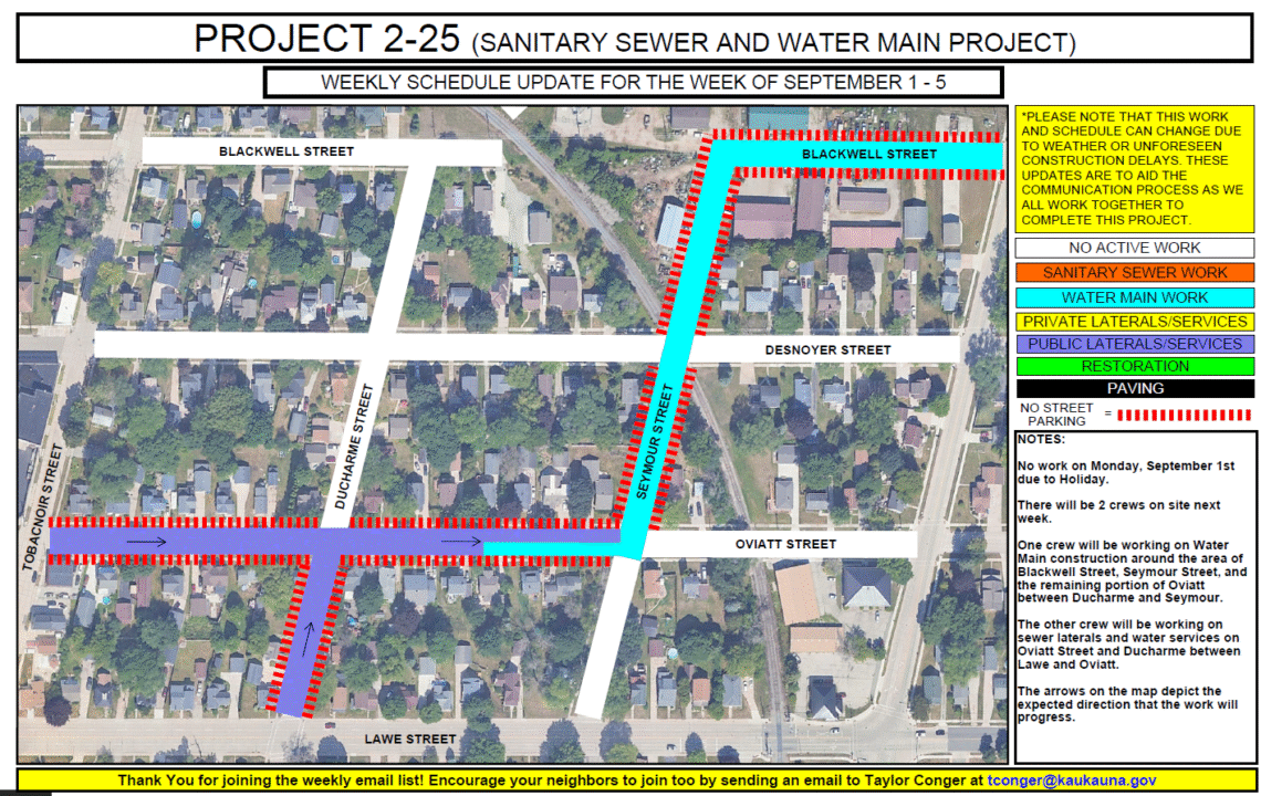 Project 2-25 - map showing work to be done on Blackwell Street, Seymour Street, Oviatt Street, and Ducharme Street.