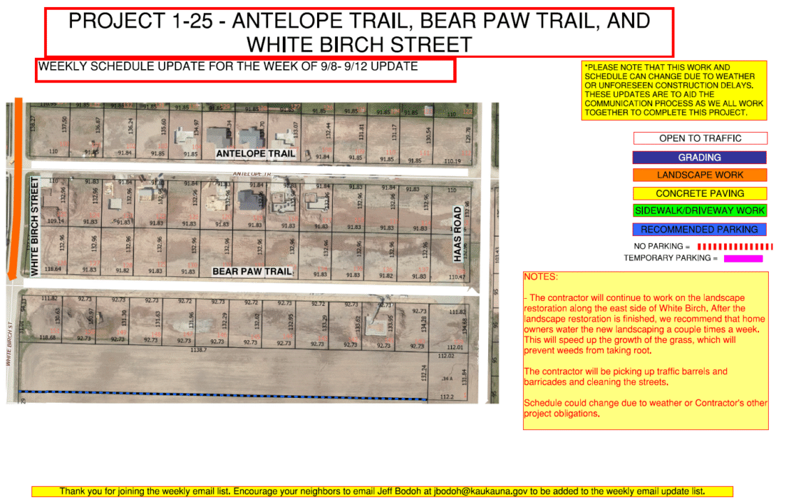 Project 1-25 Map of the work being done on White Birch Street. Bear Paw Trail and Antelope Trail are also listed.