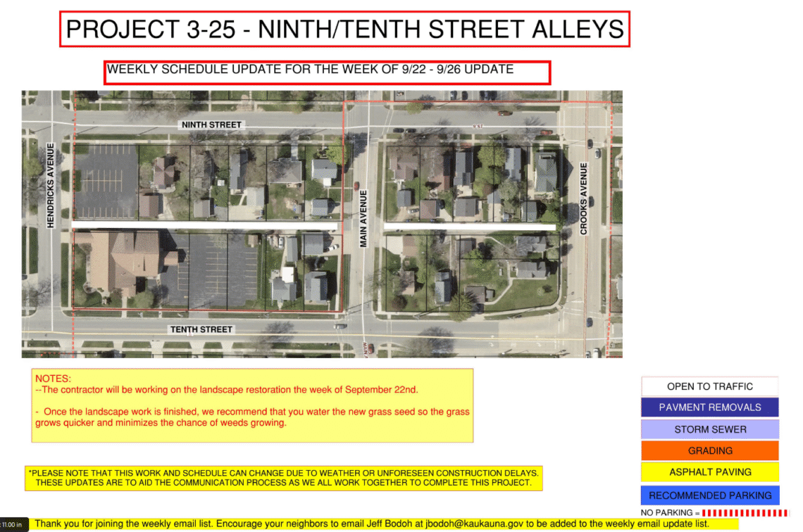 Map showing the Alleyways between ninth and tenth street from hendricks Avenue to Crooks avenue is open to traffic