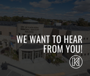 Graphic with an image of the Kaukauna Municipal Services Building and white text that reads 