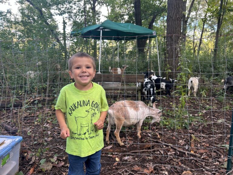 Young boy wears a Kaukauna Goats t-shirt and smiles next to some goats.