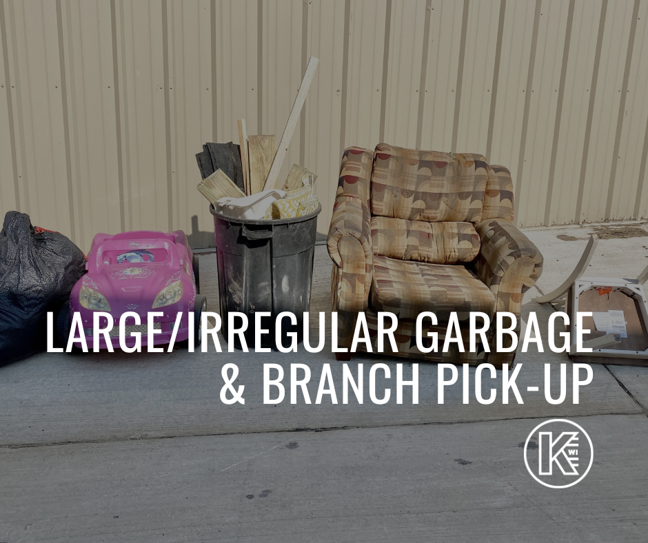 photo showing items for large garbage pick up. Image states large and irregular garbage and branch pick up