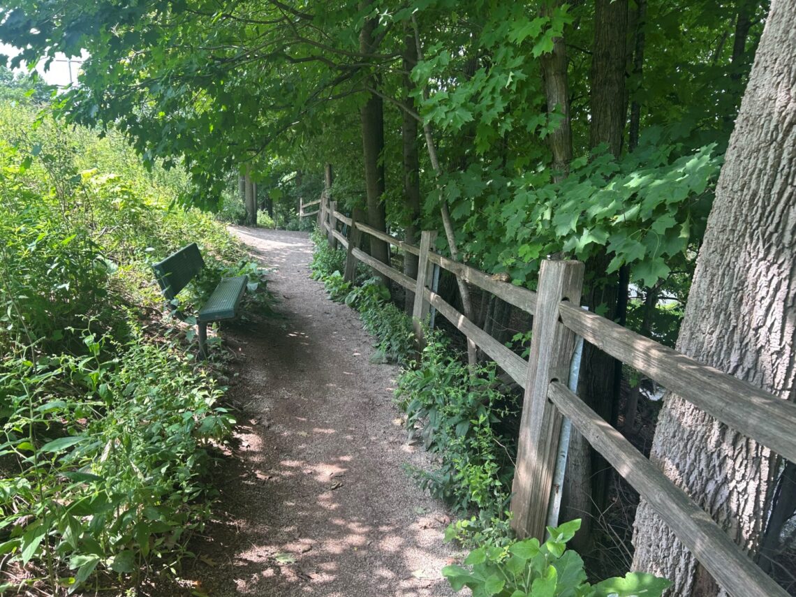 a dirt path along the 1000 islands trail system with a wooden railing on the right